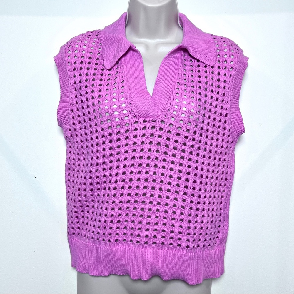 French Connection Pink Preppy Crochet Athleisure Sleeveless Open Knit Collared
